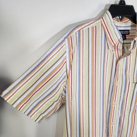 Lands End Mens Shirt Size Medium 15 15.5 Seersucker Pastel Striped Button Preppy - Picture 7 of 9